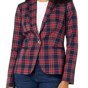 TOMMY HILFIGER Navy Blue Red Plaid Blazer Jacket Tartan 8 Work Preppy Business